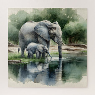 Watercolor Illustration of Mama and Baby Elephant Jigsaw Puzzle