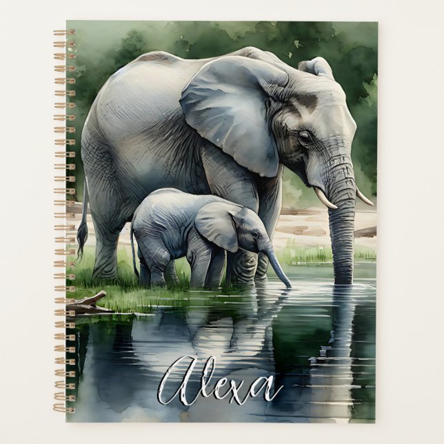 Watercolor Illustration of Mama and Baby Elephant Planner (Front)