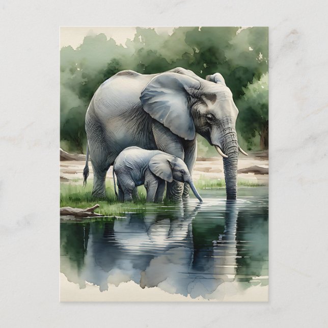 Watercolor Illustration of Mama and Baby Elephant Postcard (Front)