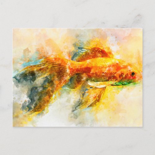 Watercolor illustration of veiltail goldfish postcard