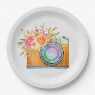 watercolor+illustration, orange+camera, floral+bou paper plates