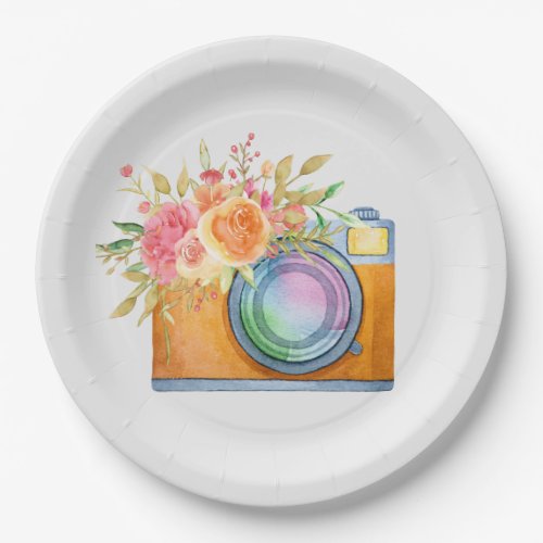 watercolorillustration orangecamera floralbou paper plates