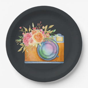 watercolor+illustration, orange+camera, floral+bou paper plates