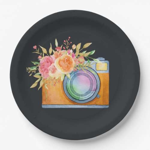 watercolorillustration orangecamera floralbou paper plates