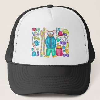 Watercolor Illustration Skiing Pika and Gear Trucker Hat