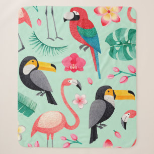 Watercolor illustrations of birds, tropical flower sherpa blanket