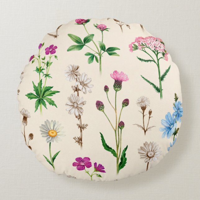 Watercolor illustrations of wild flowers. Seamless Round Pillow (Front)