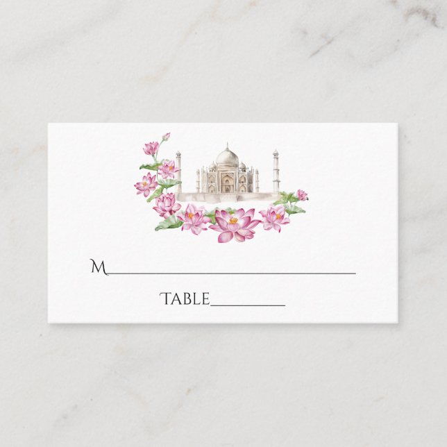 Watercolor Indian Lotus Flower Taj Mahal Place Card (Front)