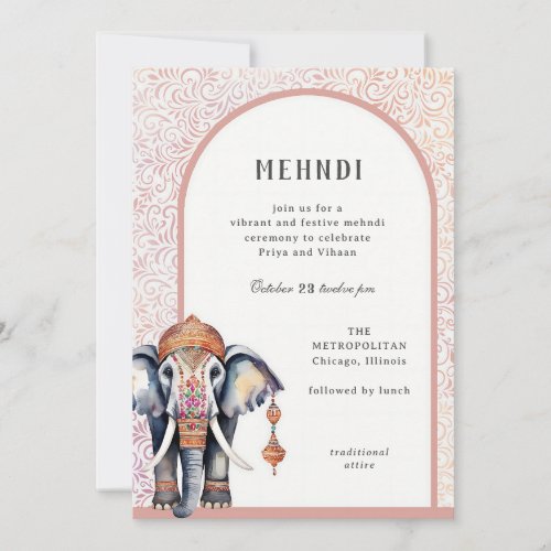 Watercolor Indian Wedding Elephant Mehndi Invitation