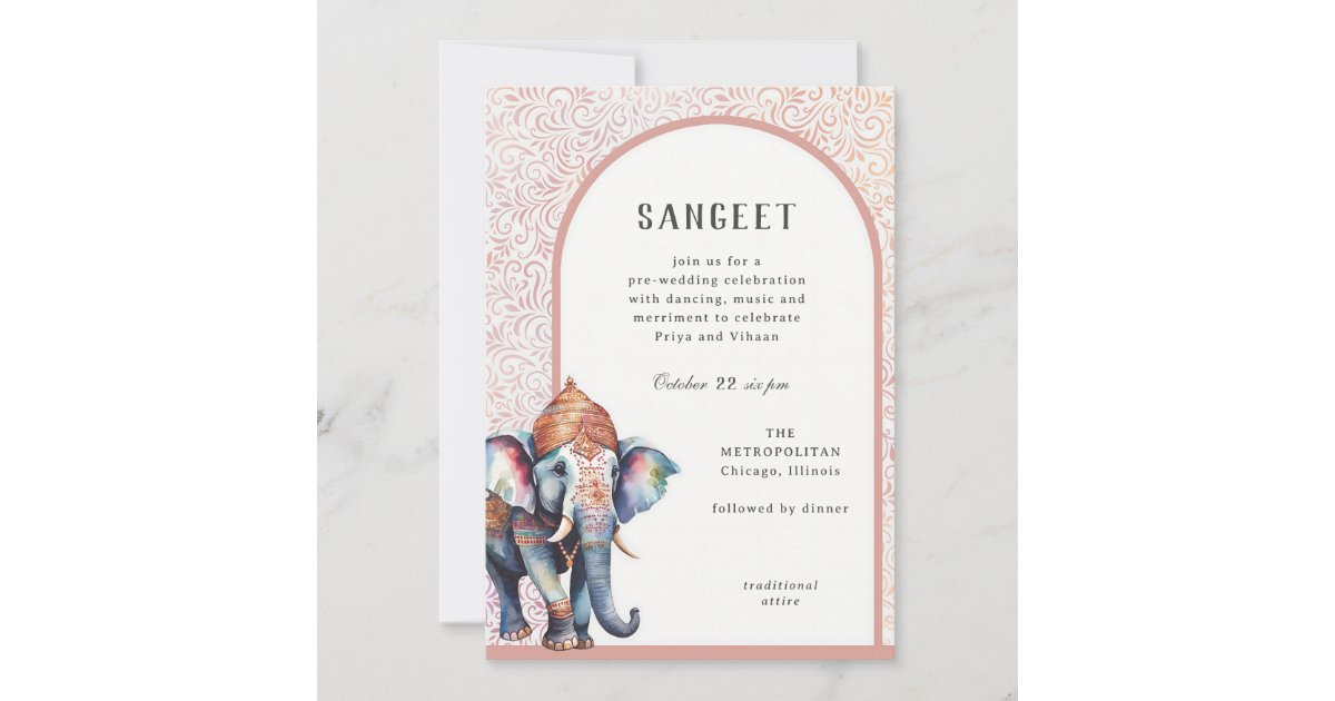 Watercolor Indian Wedding Elephant Sangeet Invitation