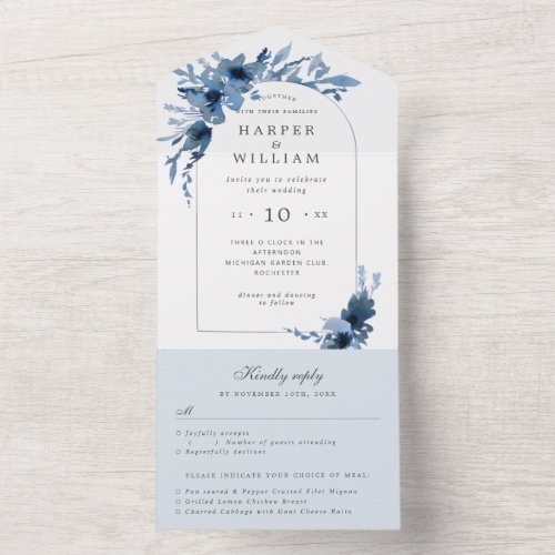 watercolor indigo arch rsvp attached wedding all in one invitation