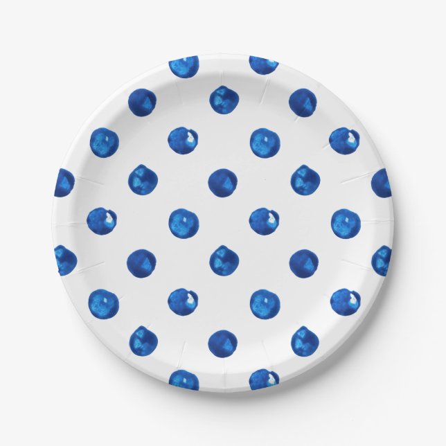 Watercolor indigo blue polka dots pattern paper plates (Front)