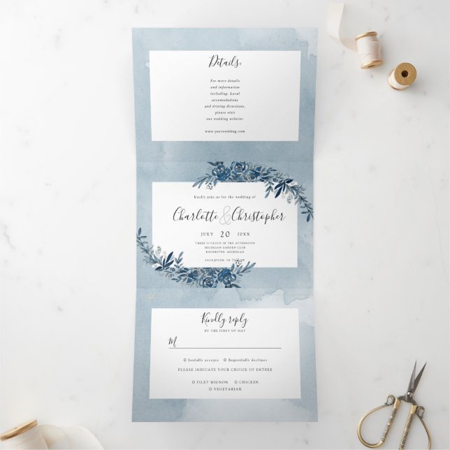 watercolor indigo blue rsvp attached Tri-Fold invitation (Inside)