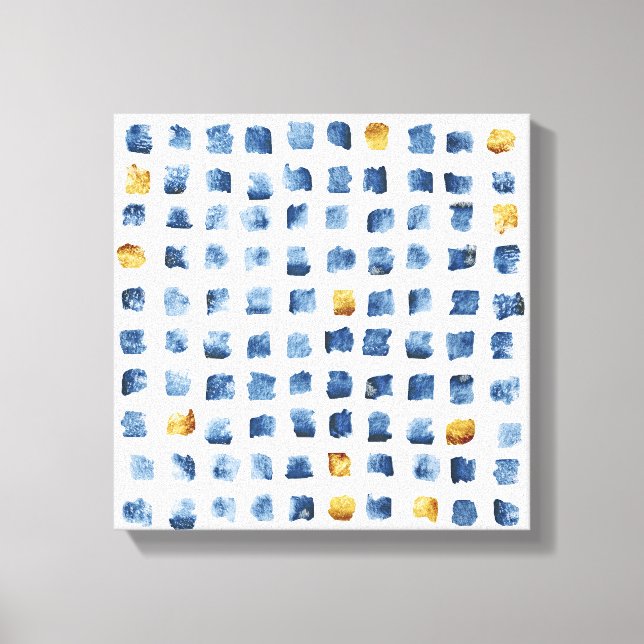 Watercolor Indigo Gold Geometrical Squares Pattern Canvas Print (Front)