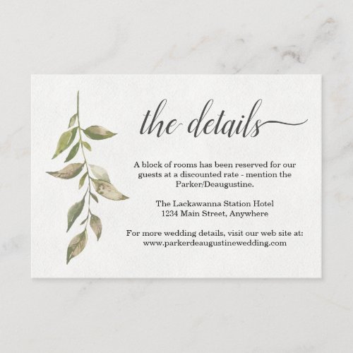 Watercolor Information / Details Enclosure Card - Information / Details Enclosure Card -- Communicate all your event information on a convenient and beautiful insert card.  Delicate greenery on a white background contrast with the soft green watercolors on the reverse side.