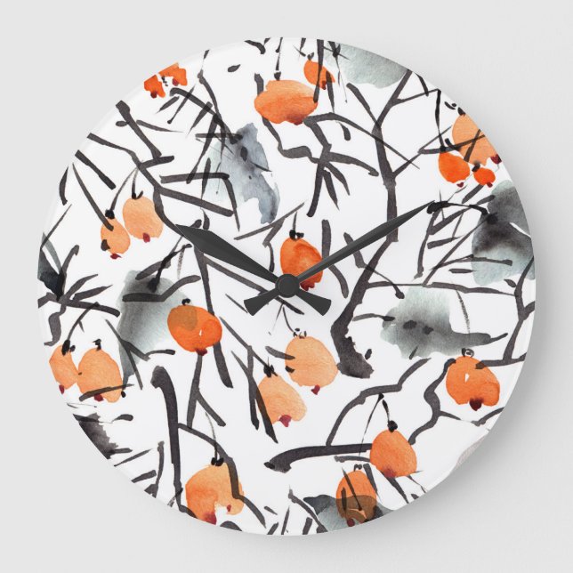 Watercolor Ink Berries Leaves Illustration Large Clock (Front)