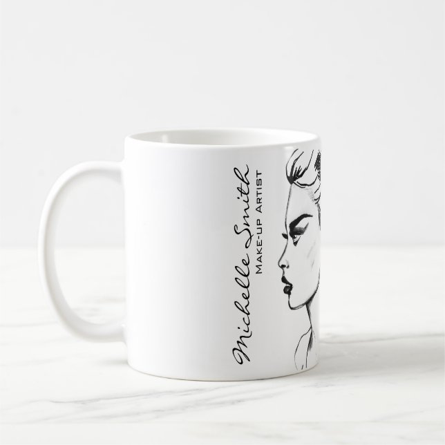 Watercolor ink black and white woman makeup coffee mug (Left)