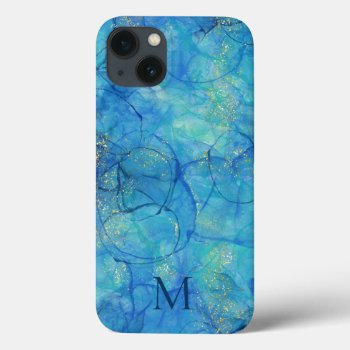 Watercolor Ink Blue & Gold   Monogram Iphone 13 Case by DesignByLang at Zazzle