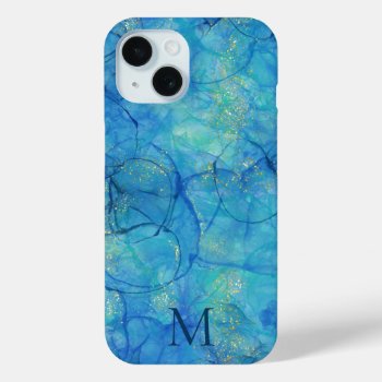 Watercolor Ink Blue & Gold   Monogram Iphone 15 Case by DesignByLang at Zazzle
