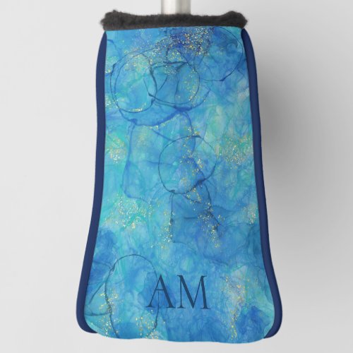 Watercolor Ink Blue  Gold  Monogram Golf Head Cover