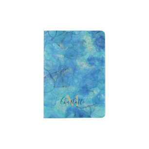 Watercolor Ink Blue & Gold - Monogram + Name Passport Holder