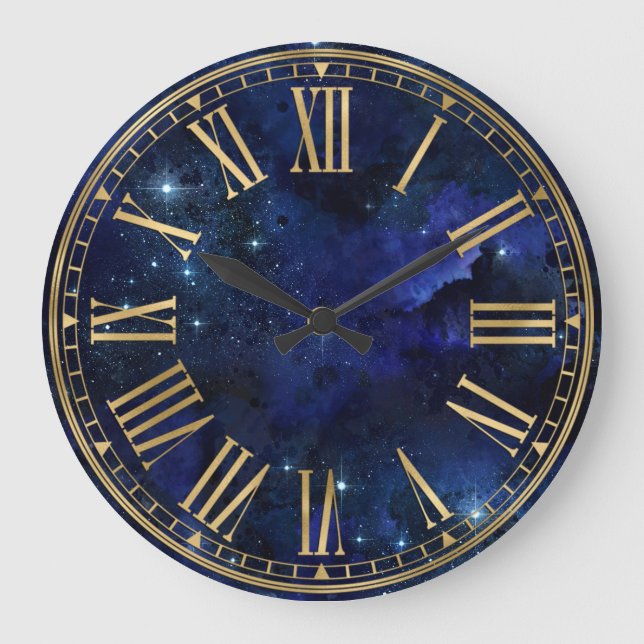 Watercolor Ink Dark Blue Galaxy & Stars Large Clock (Front)