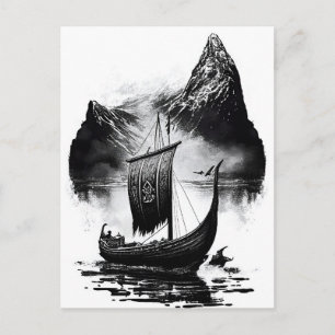 Watercolor ink pencil of Viking dragon ship. Sail Postcard