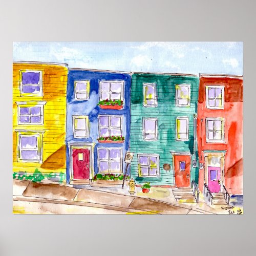 Watercolor  Ink Row Houses Illustration Colorful Poster