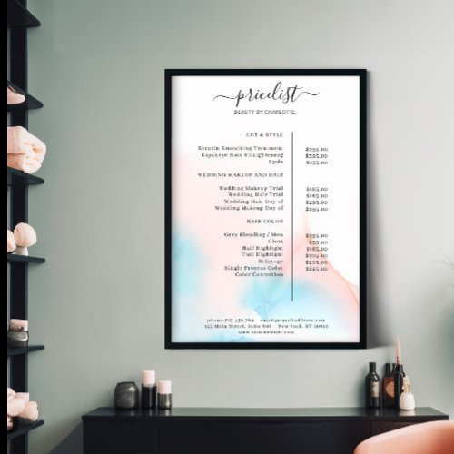 Watercolor Ink Salon Price List Poster