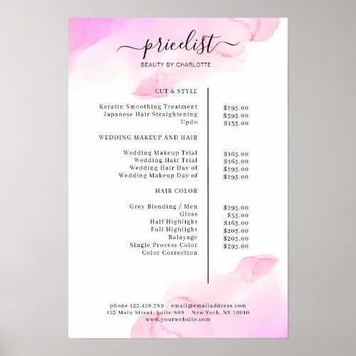 Watercolor Ink Salon Price List Poster