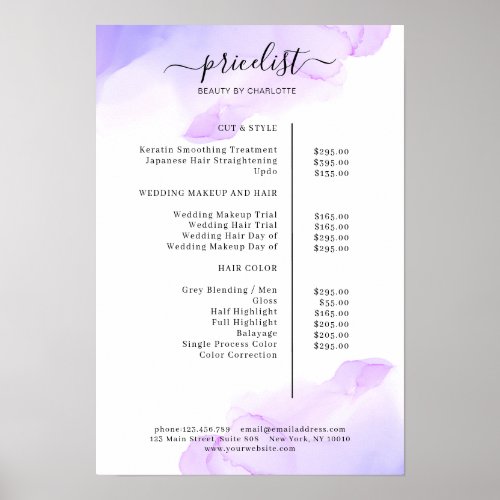 Watercolor Ink Salon Price List Poster