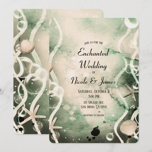 Watercolor Ink Splash Olive Under the Sea Wedding  Invitation (Front/Back)
