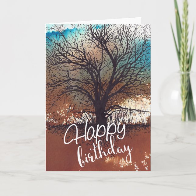 Watercolor Inked Tree Art Happy Birthday Card (Front)