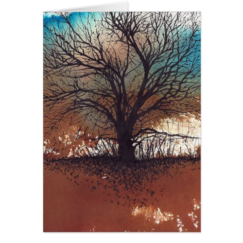 Watercolor Inked Tree Landscape Autumn Art