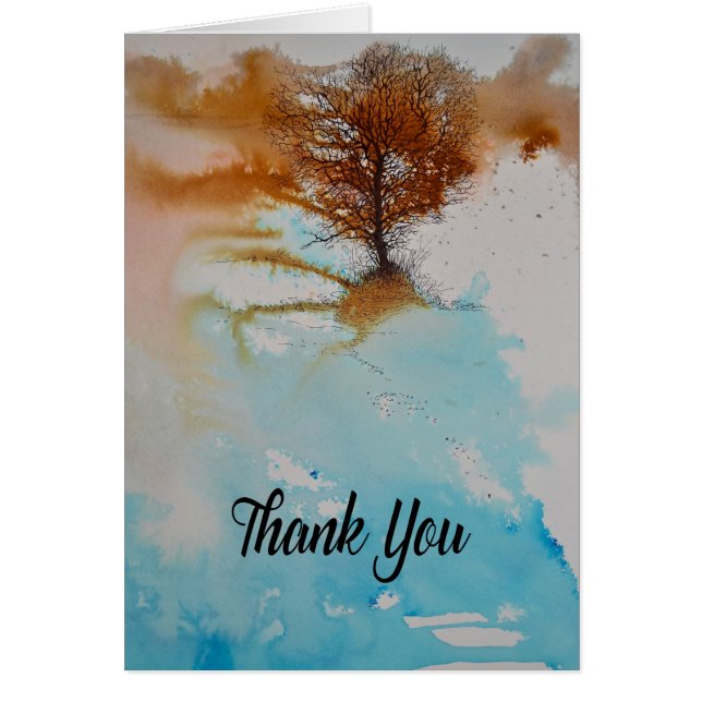 Watercolor Inked Tree Thank You Cards (Front)