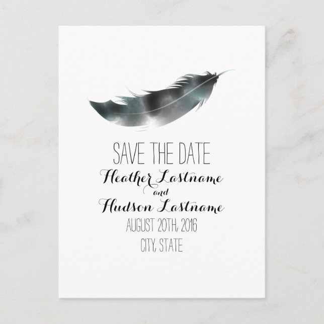 Watercolor Inspired Feather Save The Date - Black Announcement Postcard (Front)