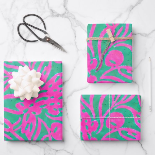 Watercolor Inspired Pink Aqua Damask Floral Wrapping Paper Sheets