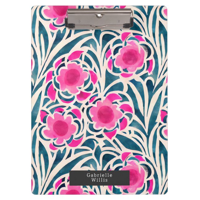 Watercolor Inspired Pink + Blue Botanical Floral  Clipboard (Front)