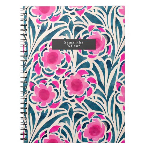 Watercolor Inspired Pink  Blue Botanical Floral  Notebook