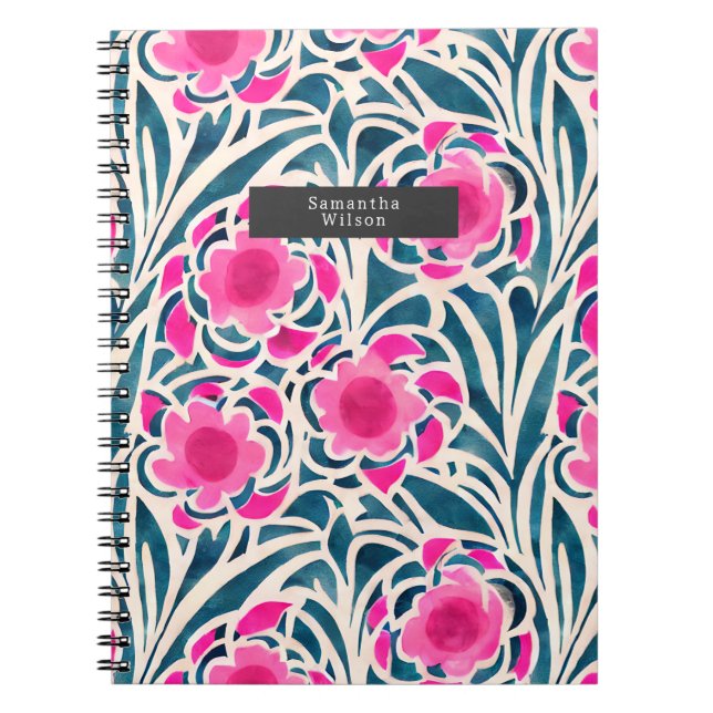 Watercolor Inspired Pink + Blue Botanical Floral  Notebook (Front)