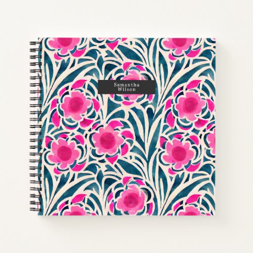 Watercolor Inspired Pink  Blue Botanical Floral  Notebook