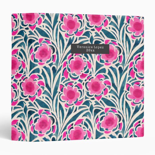 Watercolor Inspired Pink  Blue Botanical Floral P 3 Ring Binder