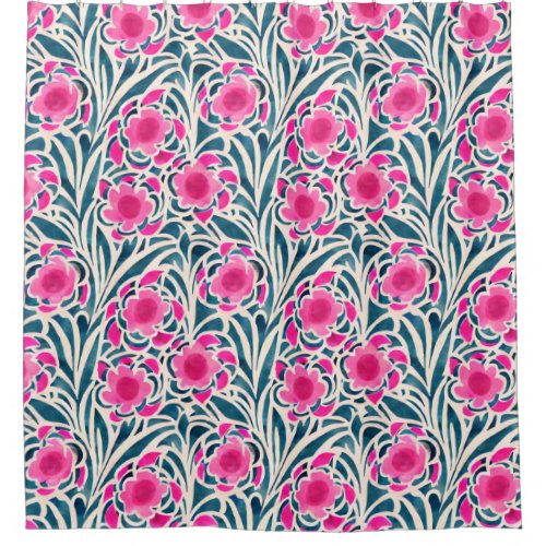 Watercolor Inspired Pink  Blue Botanical Floral  Shower Curtain