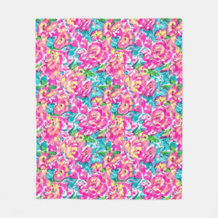 Watercolor Inspired Pink Blue Floral Fleece Blanket