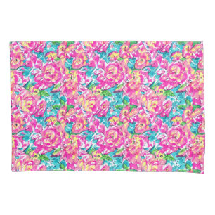 Watercolor Inspired Pink Blue Floral Pillow Case