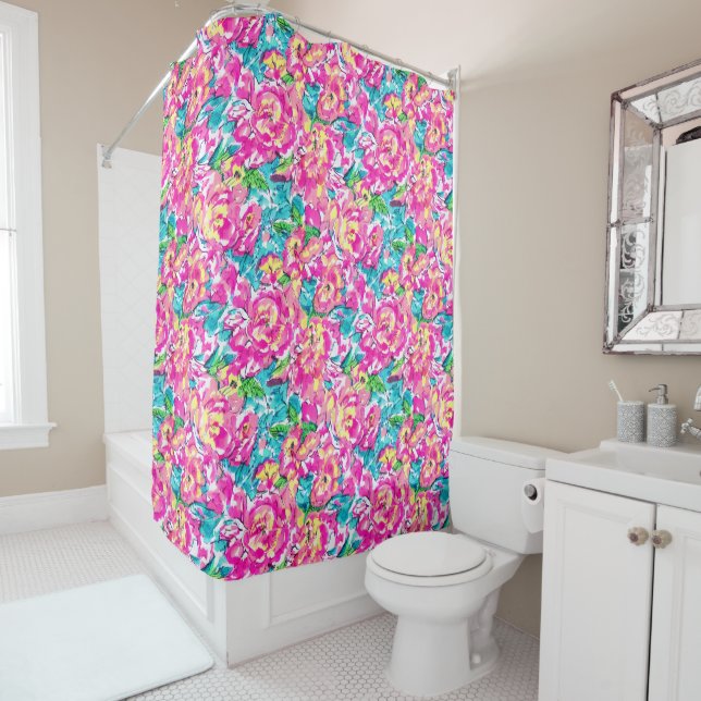 Watercolor Inspired Pink Blue Floral Shower Curtain (In Situ)