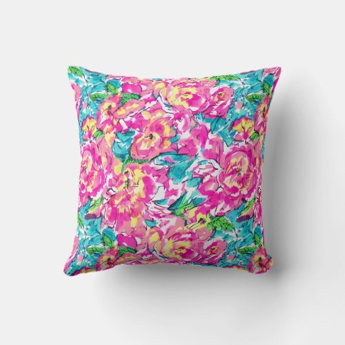 Watercolor Inspired Pink Blue Floral Throw Pillow