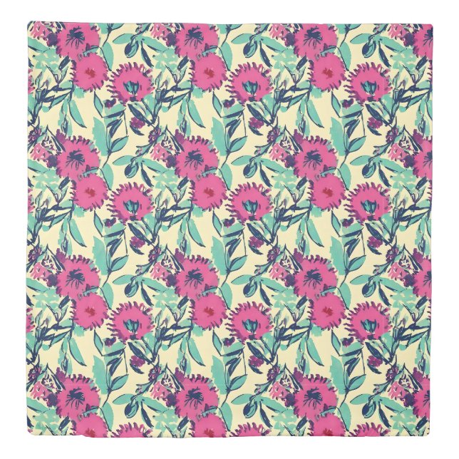 Watercolor Inspired Pink + Green Botanical Floral Duvet Cover (Front)