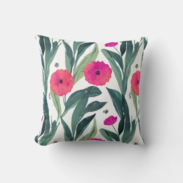 Watercolor Inspired Poppy Botanical Throw Pillow (Front)