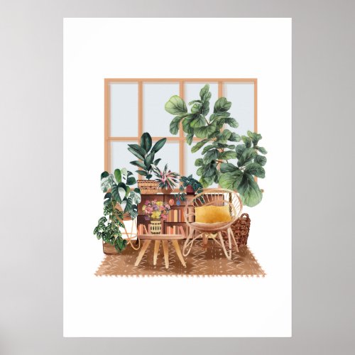 Watercolor interior and plants poster